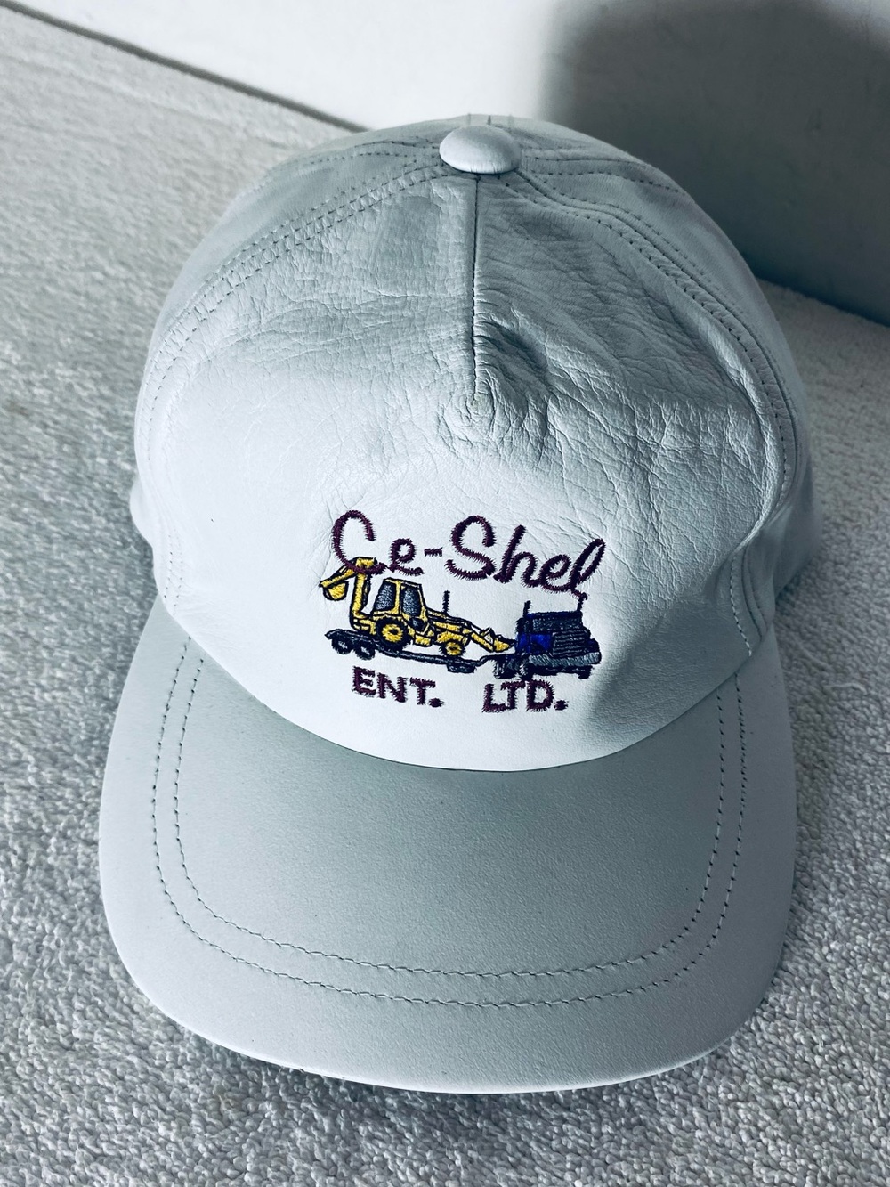 Vintage White Leather Embroidered Ce-Shel Trucker Hat